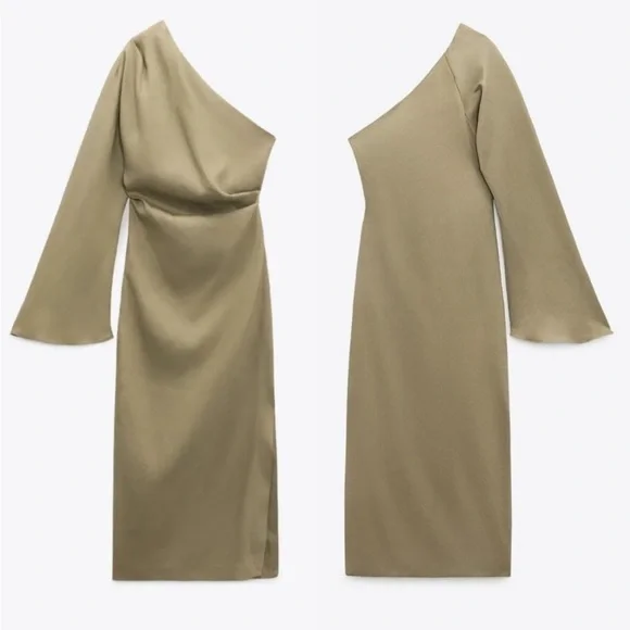 Zara Linen Khaki Green One shoulder dress! Brand New With Tags!! - Picture 4 of 5
